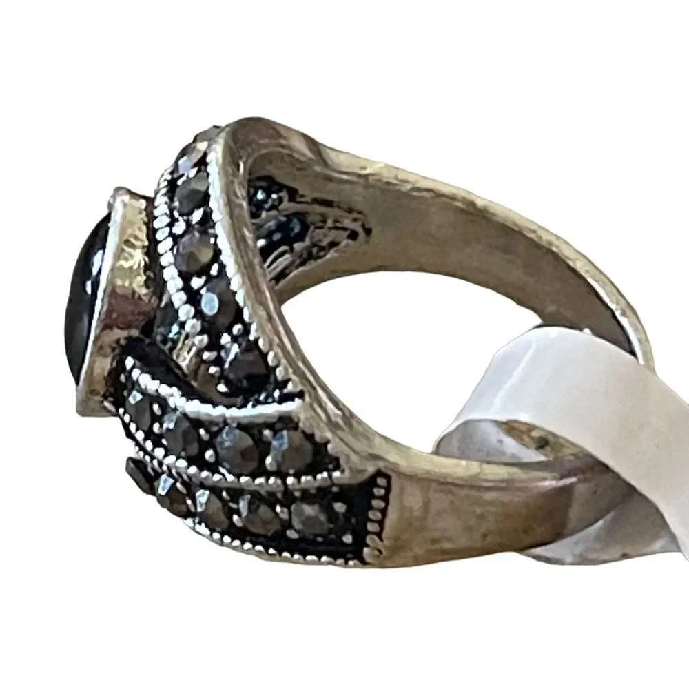 NWT silver tone black stone marcassite like stones ring size 6